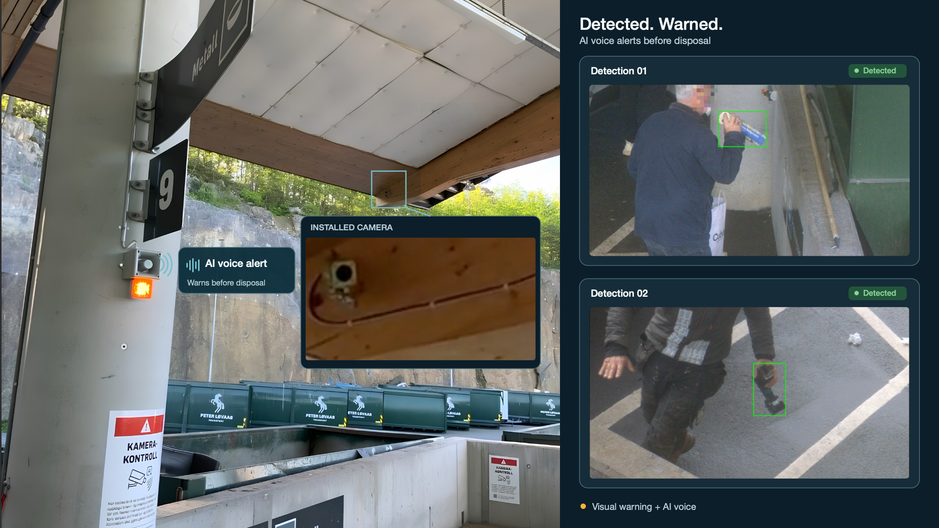 Fixed Stellai camera installed at a drop-off point with a loudspeaker and amber warning light, alongside a camera detail inset and two detection panels