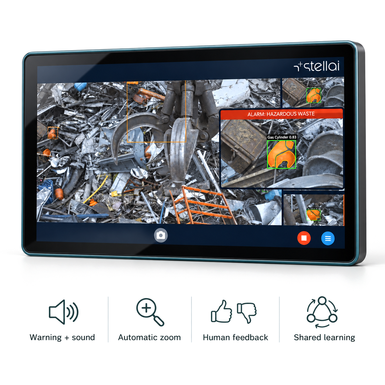 Stellai touchscreen showing a detected gas cylinder with a hazardous-waste alarm and an automatic zoom view, above four icons labelled Warning and sound, Automatic zoom, Human feedback and Shared learning